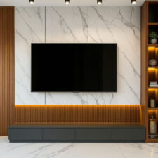 Διακοσμητικός τοίχος με πολυεστερικά πηχάκια σε minimal σύγχρονο χώρο.