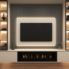 Μοντέρνα επένδυση τοίχου με πηχάκια και ενσωματωμένα ντουλάπια βάσης ή βιτρίνες.